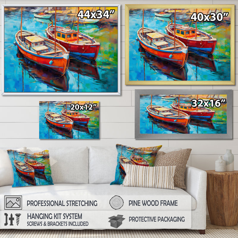 Deux bateaux dans le port sur toile, Toile tendue, H 30 po x l 40 po x P 1,5 po