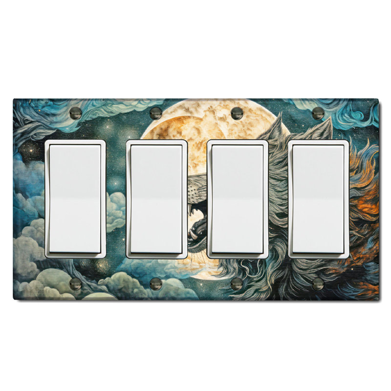 Metal Light Switch Plate Outlet Cover (Grey Wolf Full Moon Midnight Sky - Quadruple Rocker)