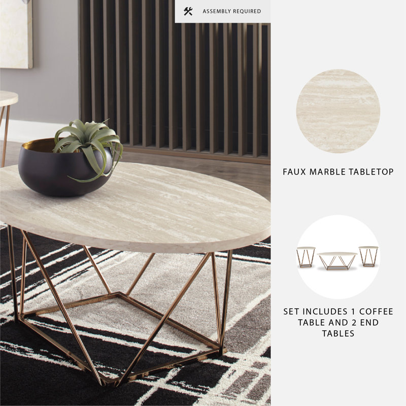 Lembo 3 - Piece Living Room Table Set, White/Gold