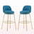 Indoor Metal Upholstered Barstool, Gold Finished Frame and Blue Upholstery, Set of 2