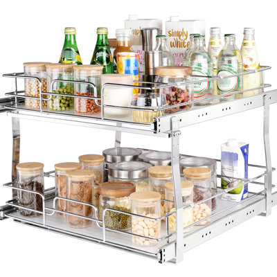 2 tablettes en acier pour garde-manger à 2 niveaux, l 20 po x P 21 po x H 15 po, facile à installer dans les armoires, et une armoire de rangement escamotable attrayante, des tablettes coulissantes pour casseroles,