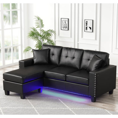 Canapé modulaire réversible en PVC avec lumière DEL et coussins décoratifs, noir