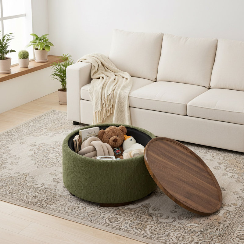 29.5 Inch Round Storage Ottoman Coffee Table,Modern Circle Coffee Table With Storage With Removable Lid Top And Solid Wood Legs,Large Round Ottoman For Bedroom,Living Room