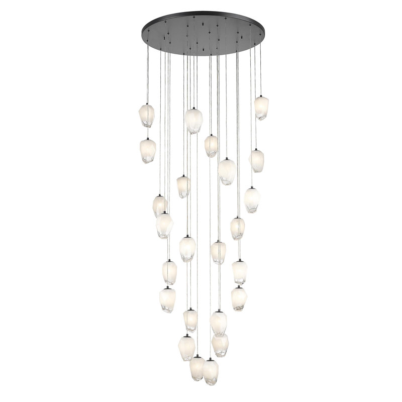 24-Light Black Chandelier With White Glass Pendants, Matte Black