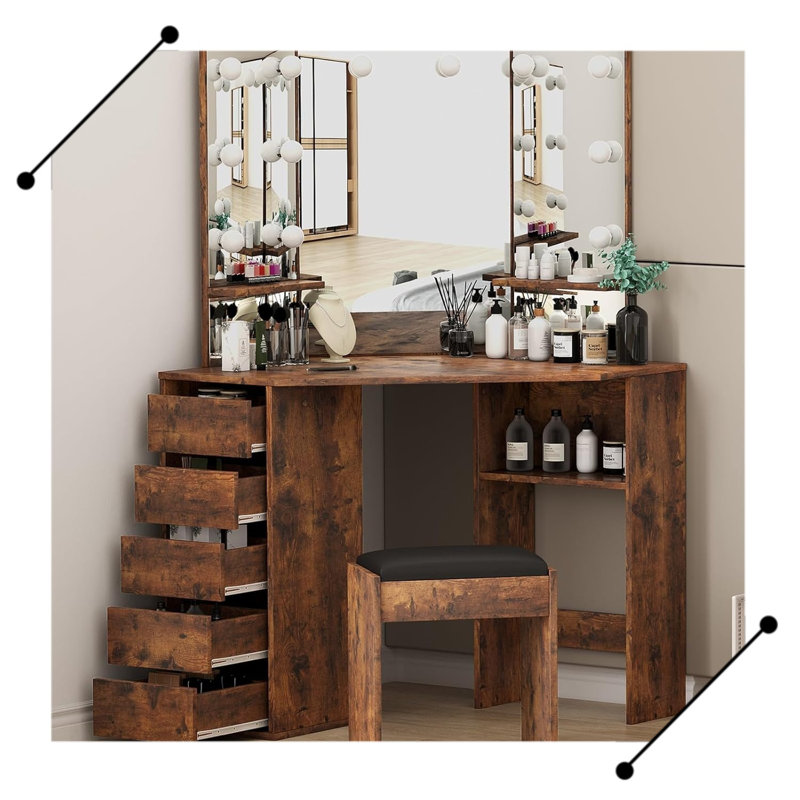 Corner Vanity and Stool, Corner Vanity Desk with Mirror and Lights
