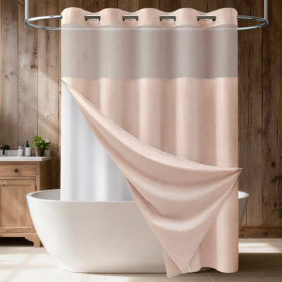 Instant Install Hook Slub Linen Textured Shower Curtain with Snap-in Liner and Mesh Top Window, Heavy Duty Waterproof Fabric Shower Curtain Set, Modern Simple Hotel Style Spa Elegant Decorative Shower Curtains for Bathroom