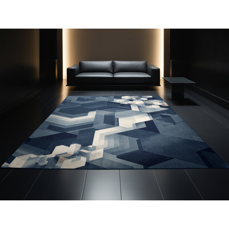 Soft Plush Eichhorn Modern & Contemporary Abstract Area Rug in Gray – Navy Binding, 5' Round