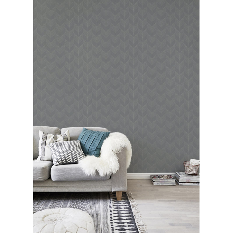 Organic Chevron 10' L x 24" W Wallpaper Roll, Gray, Non-pasted, Faux Grasscloth