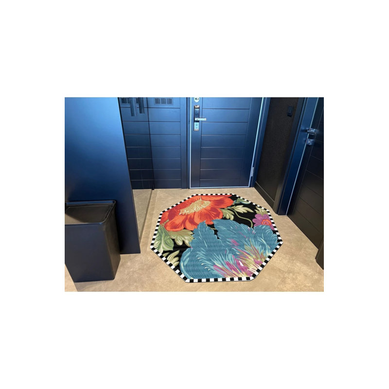 Octagonal Checkerboard Patterned Floral Woven Floor Carpet, Octagon 2'8" x 2'8"