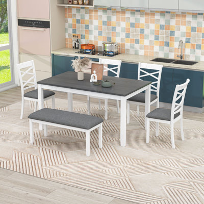 6Pcs Dining Room Set with Rectangular Table, 4 Cushioned X-Back Chairs and Bench