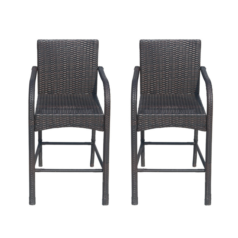 Ensemble de 2 tabourets d'extérieur, rotin tissé gris, structure en fer