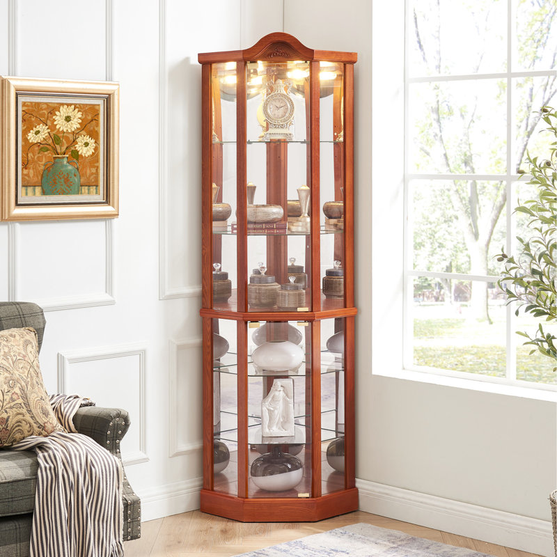 Charmante armoire lumineuse en chêne avec des tablettes réglables et des arrangements d'éclairage de coin Grace, Chêne