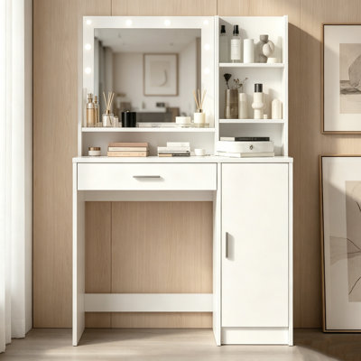  Bureau de coiffeuse avec lumières DEL réglables et miroir, 12 ampoules avec 3 modes de couleur, grand tiroir et rangement à 3 étages, coiffeuse pour chambre à coucher, blanc
