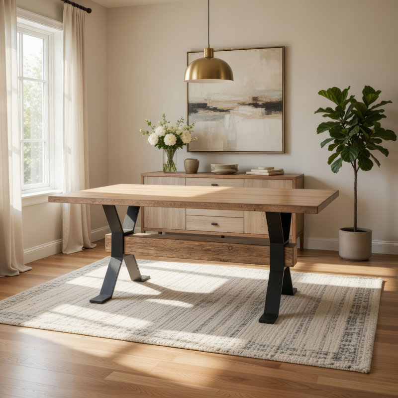 Table de salle à manger Hanoi, bois de pin blanc récupéré de 90 pouces, base en croix