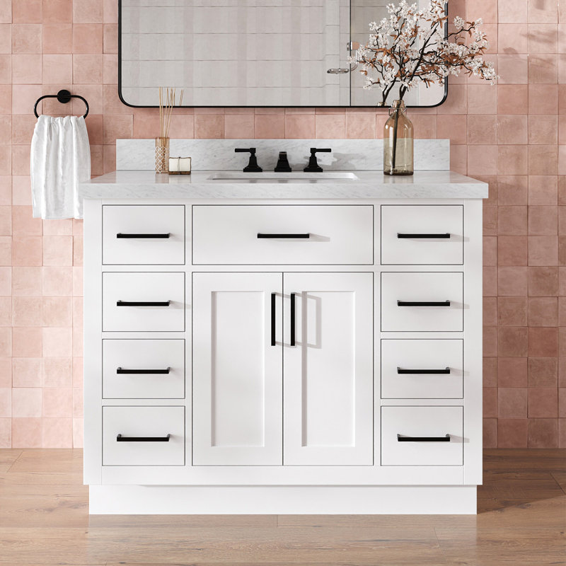 Thornaby 42'' Solid Wood Single Bathroom Vanity with 1.5'' Carrara Marble Top, White / Matte Black, Rectangular