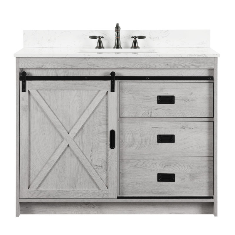 Jillian 42' Single Bathroom Vanity with Engineered Stone Top, White Wash/Matt Black