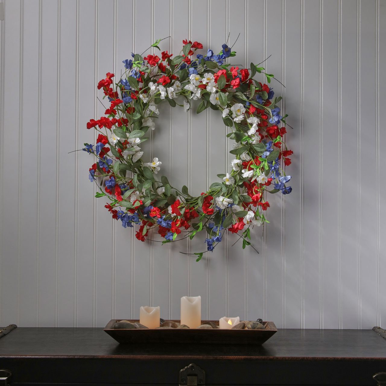 24"Mini Garden Blossom Wreath, Blue, Red, White