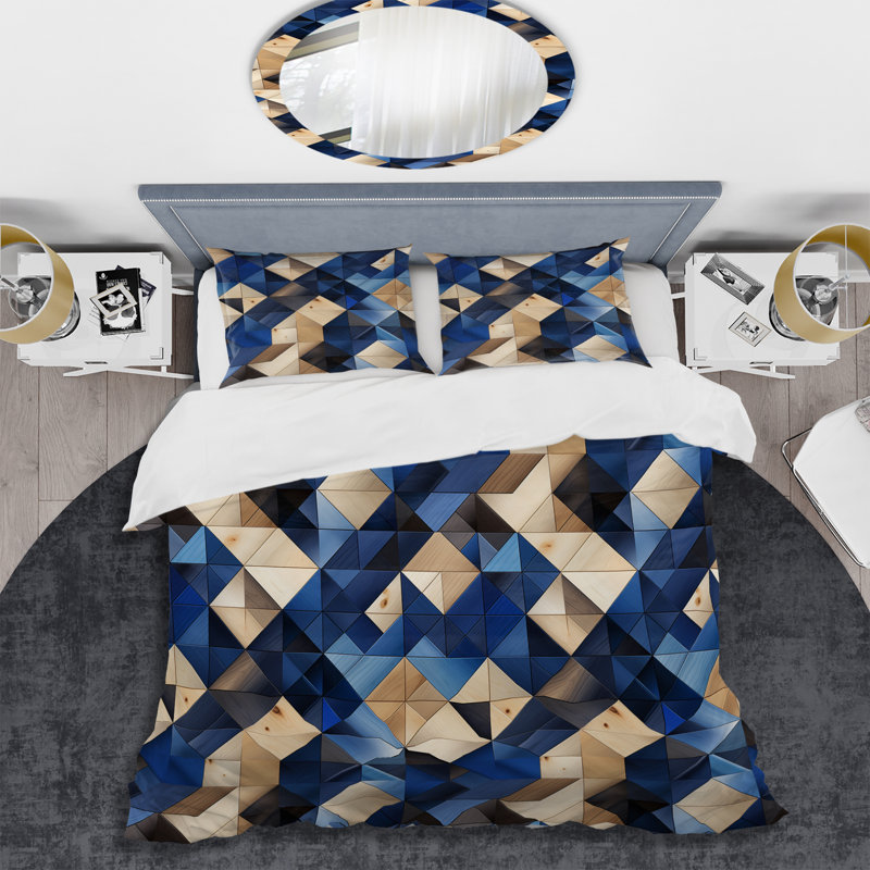 Ensemble de housse de couette géométrique Beige and Blue Tiles, Housse de couette simple + 1 taie décorative stan