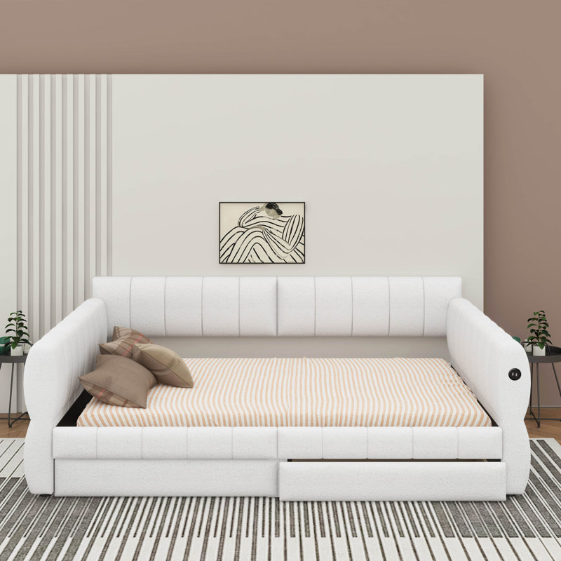 Grand lit plateforme tapissier avec port USB et tiroirs, Blanc