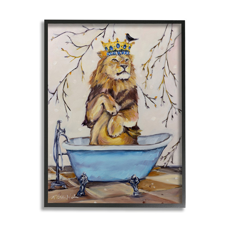 «Regal Jungle Lion in Blue Claw Bath», reproduction d'impression, H 20 po x l 16 po x 1,5 po, Giclée encadrée noir minuit