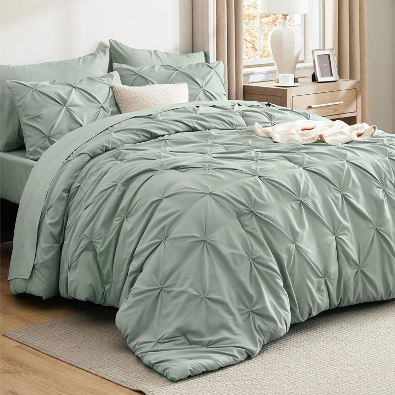 Bedsure Twin-XL Pintuck Bed-in-a-Bag- Sage Green Pinch Pleat Comforter with Sheets, Pillowcases & Shams, Gift for Mother's Day