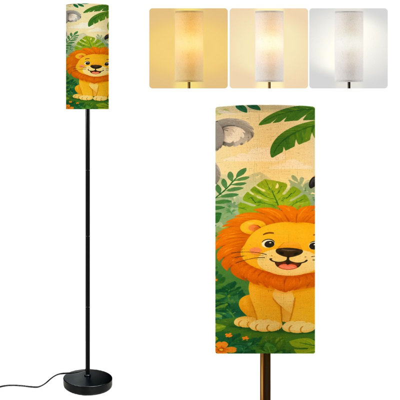 68.5" Standing Floor Lamp Seamless Jungle animals Hand drawn For kids Dimmable Metal Pole Lamp with Linen Lampshade LED Bulb Included