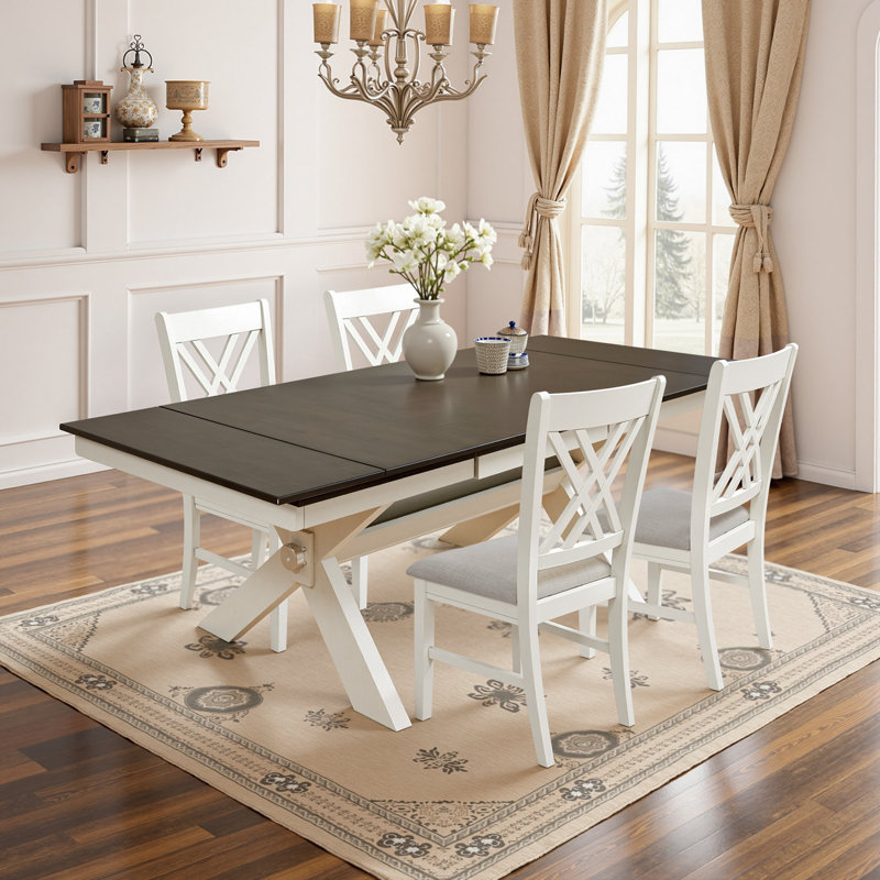 7-Piece Farmhouse Extendable Dining Set, White/Gray