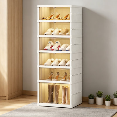 White 6-Tier Foldable Shoe Rack Organizer for Closet, Plastic Collapsible Shoe Shelf Stackable, Clear Shoe Storage Cabinet with Doors for Small Spaces
