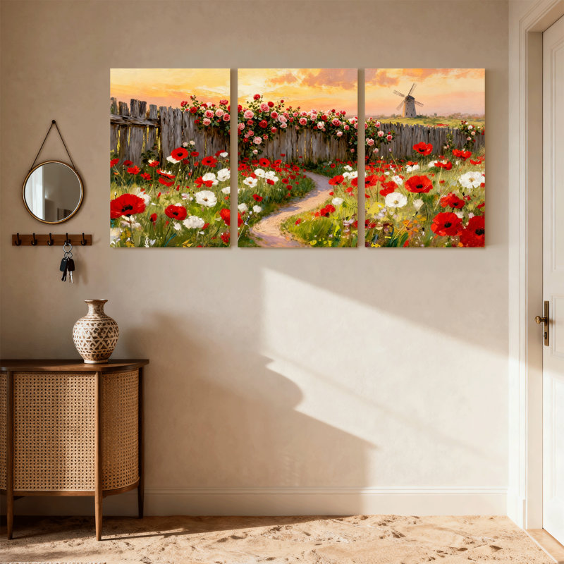 Bouquet de coquelicots assortis avec moulin à vent et clôture, ensemble de 3 impressions sur toile, H 24 po x l 48 po
