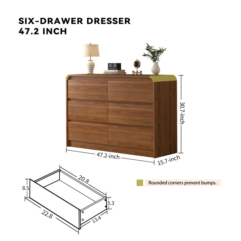 6 Drawer Dresser For Bedroom 47 Inch Wood Chest of Drawers - Curved Anti Collision, Mid Century Dresser For Closet with Natural Texture & Pre-Embedded Slots for TV Stand, Living Room, Nursery