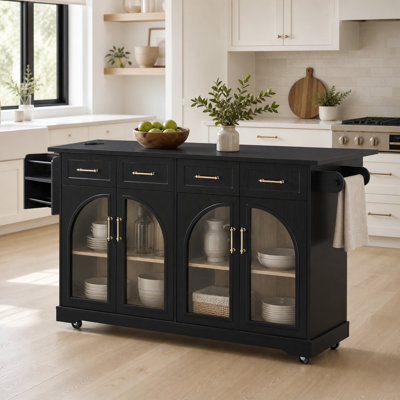 Îlot de cuisine mobile de 165 cm avec comptoir rabattable, 4 tiroirs, armoires vitrées cintrées, station de recharge, porte-épices et porte-serviettes, noir