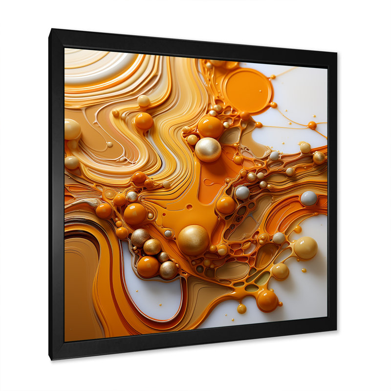 Jaune et blanc liquide, charme liquide - encre liquide, art mural abstrait, Cadre simple noir, H 36 po x l 36 po x P 1,5 po