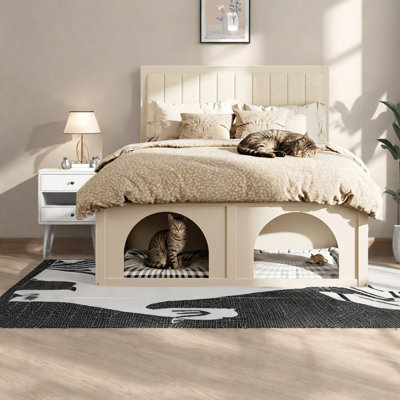 Lit Queen avec rangement, cadre en bois MDF rembourré, lit familial beige moderne