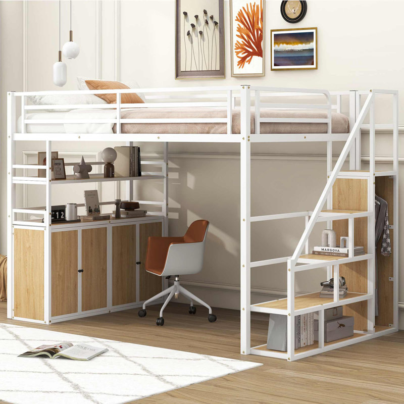 Lit mezzanine double en métal avec bureau, tablettes et garde-robe, Blanc
