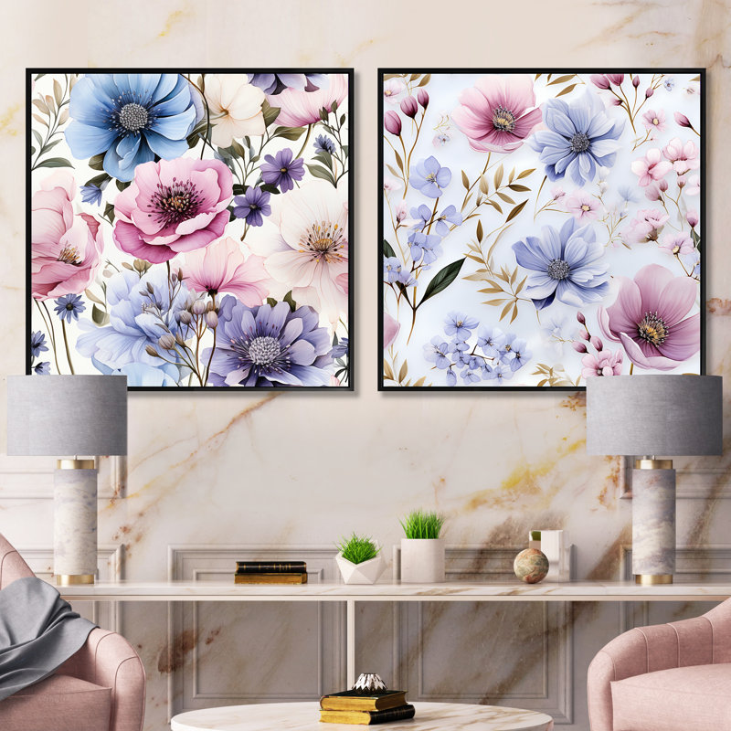 Pickell - ensemble de 2 collages carrés floraux, Cadre flottant noir, H 36 po x l 73 po