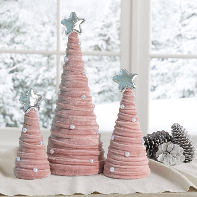  Décorations de Noël pour l'intérieur, 3 pièces d'arbres de Noël en forme de cône en velours rose avec perles, décoration de table de Noël pour les fêtes de fin d'année