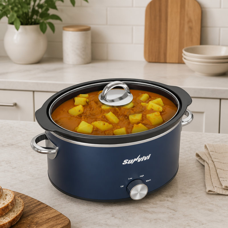 4 Quart Slow Cooker and Mini Food Warmer with 3 Heating Settings, Removable Ceramic Pot, Glass Lid, Stainless Steel, Blue