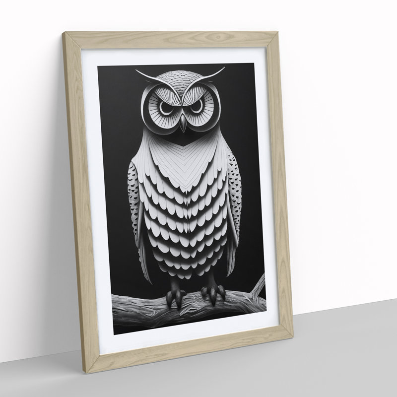 Owl Monochrome - Single Picture Frame Print, 46cm H x 34cm W x 2cm D, Oak