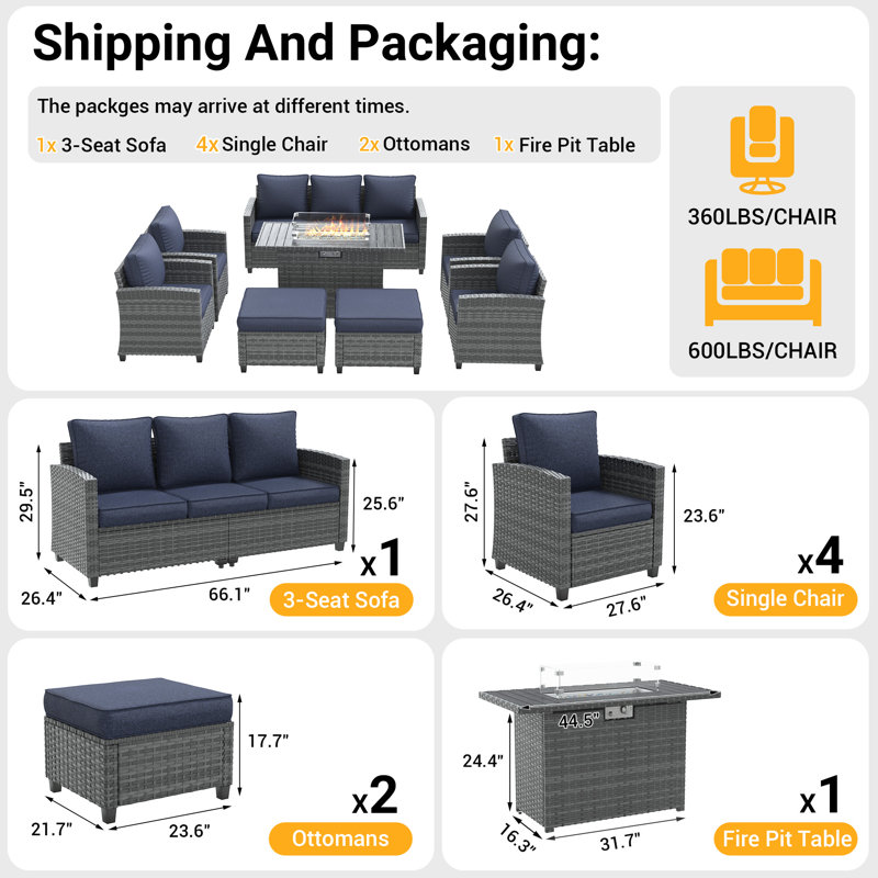 7-Person Outdoor Seating Group With Fire Pit Table, Navy, Gray