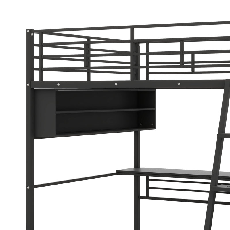 Modern Metal Loft Bed With Integrated LED Lighting, Study Table, And Quad Storage Shelves, Full