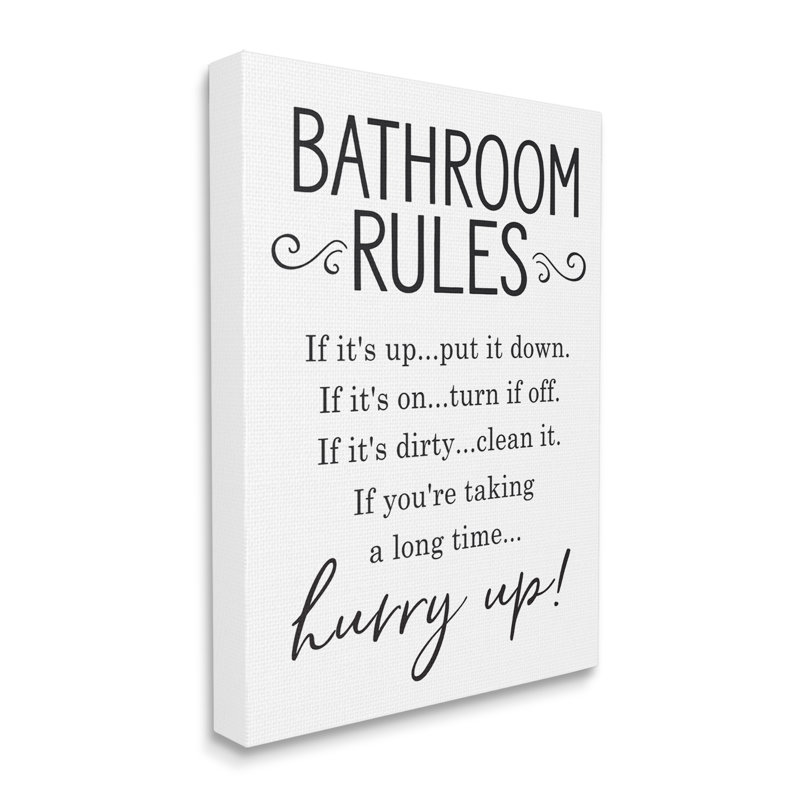 «Minimal Bathroom Rules Sign Hurry up Humor», art textuel, H 48 po x l 36 po x P 1,5 po, Toile tendue