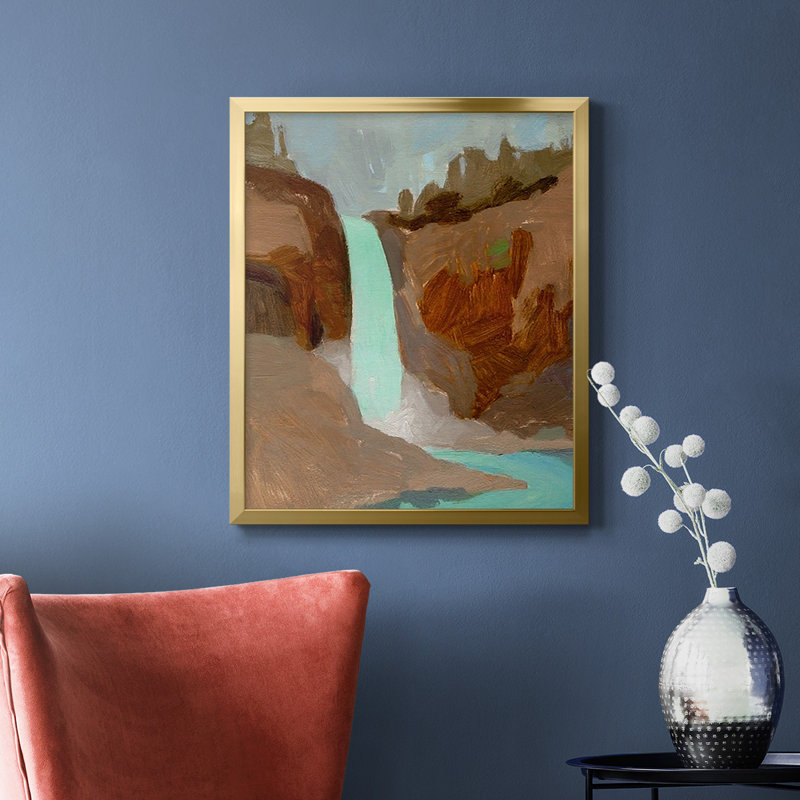 Turquoise Falls I, toile encadrée de qualité supérieure - prête à être accrochée, Cadre doré à coins fermés