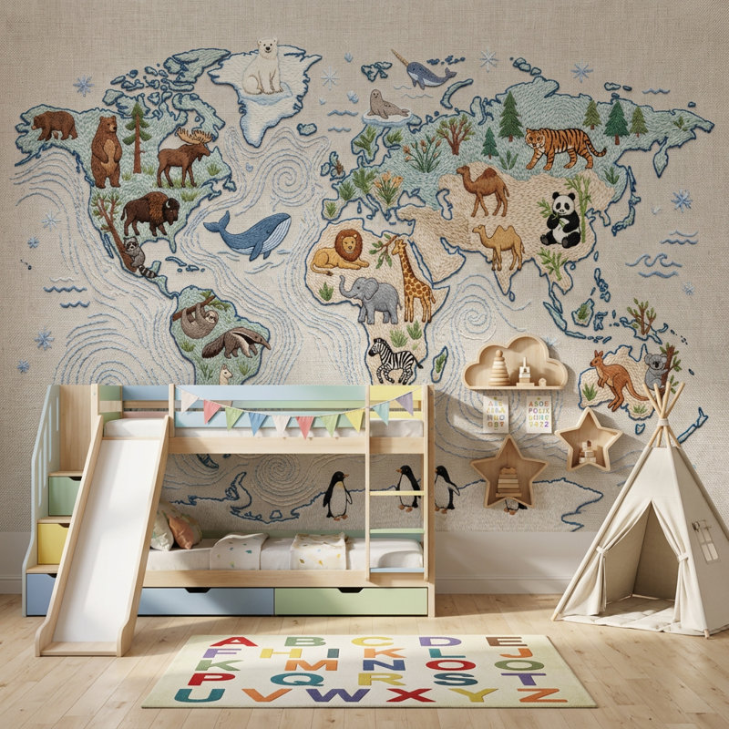Papier peint carte du monde Atlas, Non tissé, 140 po x 108 po