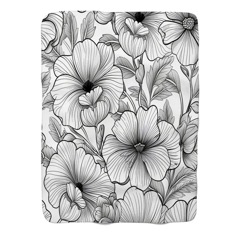 Black and White Flower Sketches - 1 Piece Premium Sherpa Blanket, Queen
