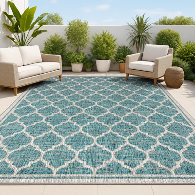 Hague Moroccan Trellis Textured Weave Teal/Grey Indoor/Outdoor Rug