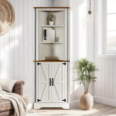 Armoire de rangement d'angle blanche à 5 niveaux - haute, avec tablette, porte de grange et tiroir, idéale pour les petits espaces, la salle de bain, le salon, le couloir