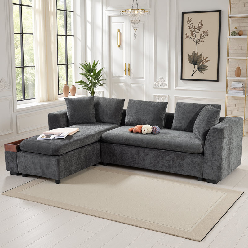 Canapé modulaire en L en chenille avec compartiment de rangement en bois et coussins décoratifs, Gris chenille