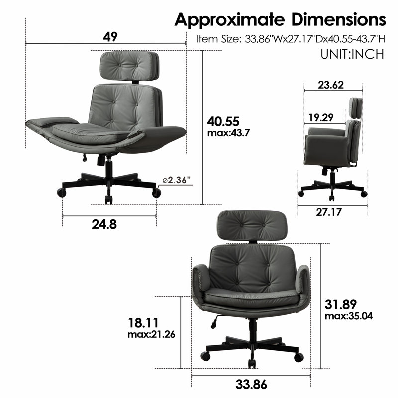33.86"W Tilting Office Chair with Adjustable Armrest, Gray, Faux Leather