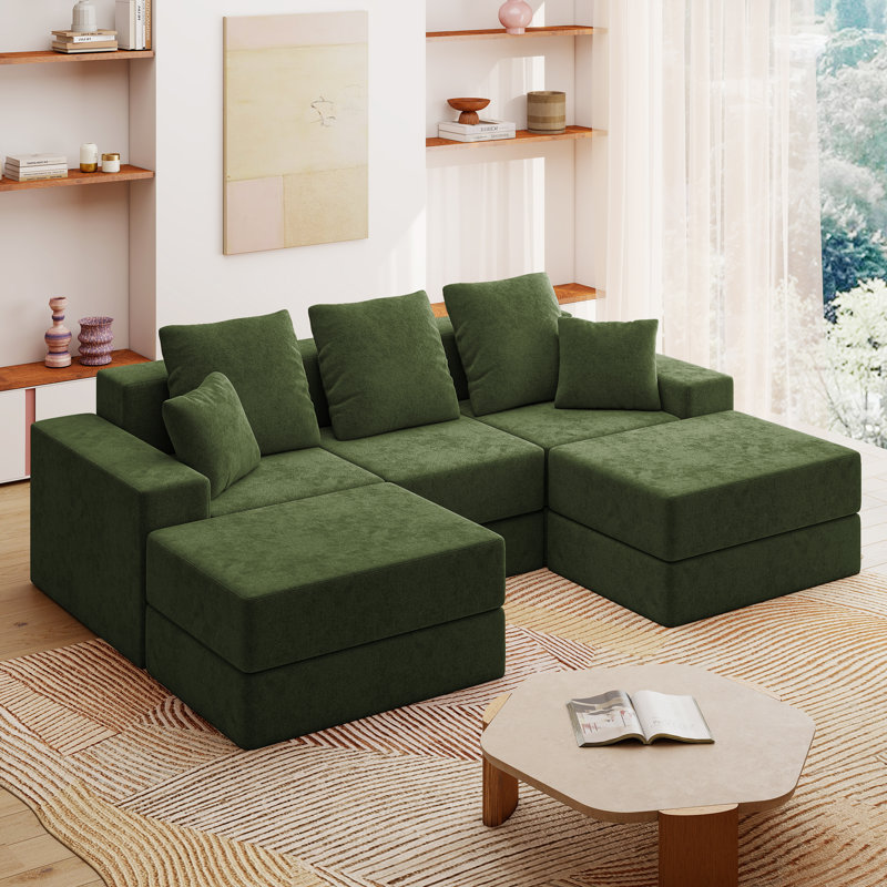 Canapé modulaire à compression en U avec repose-pieds de 101 po avec repose-pieds pour salon, Velours vert