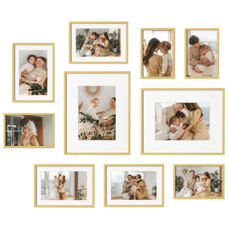 Aluminum Gallery Wall Frame Set Of 10, Including 2Pcs 8X10, 4Pcs 5X7, 4Pcs 4X6 Photo Frames For Wall Or Tabletop Display, Multiple Sizes Picture Frames Collage Wall Decor, Gold